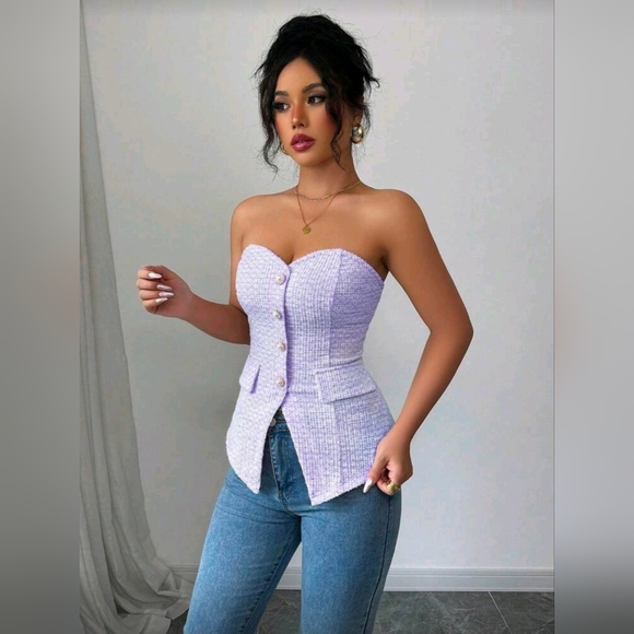 SHEIN Tops - Rafferiza Women's Textured Strapless Cropped Top With Pearl Button Details